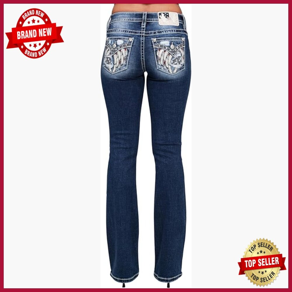 Mid-Rise Bootcut Jeans With Embroidered Wings And Rhinestone Accents